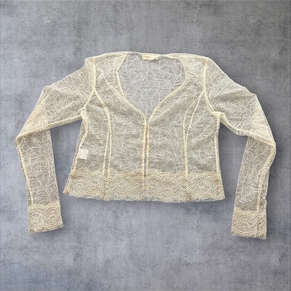 Nigel Preston for Free People Cardigan Womens L Cream Sheer Lace Leaf Boho